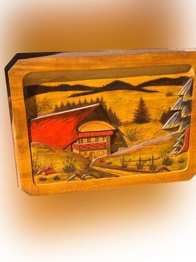 Vintage Hand-carved Alpine Landscape Panel with Red Roof 15”x11”x2” Wall-Hanging